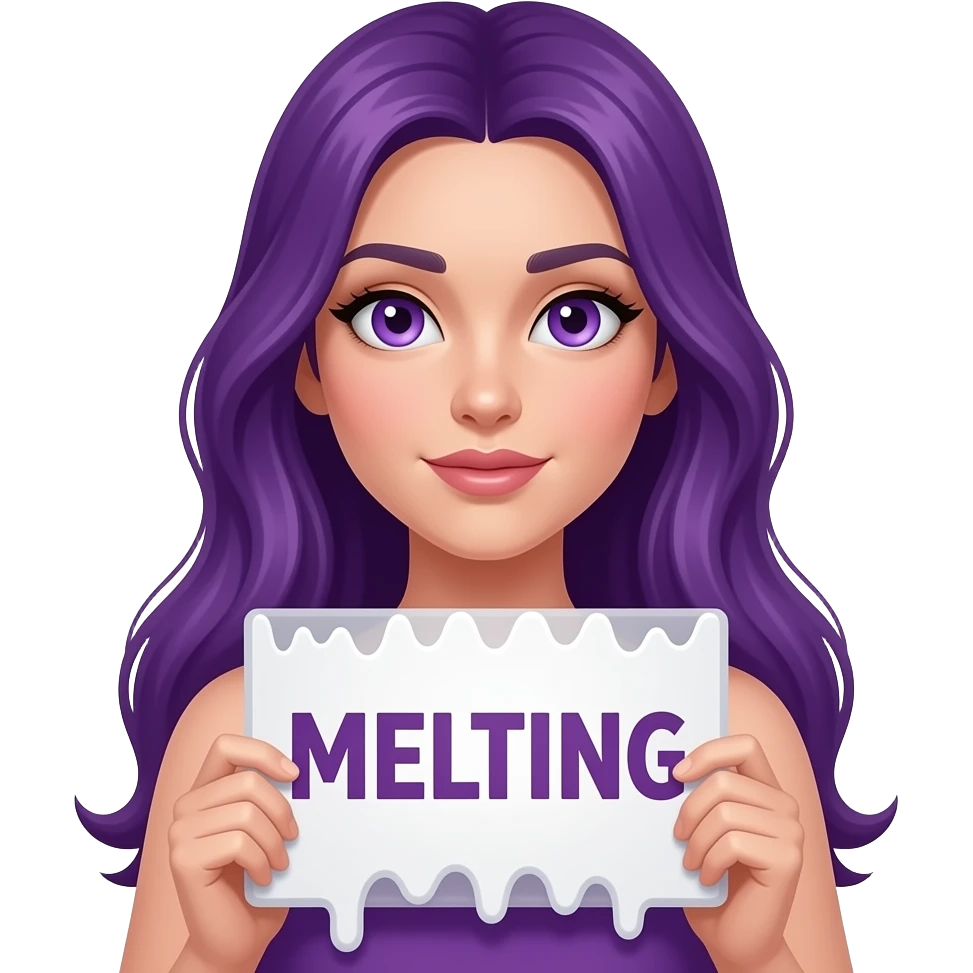sexy girl with long purple hair and purple eyes holding a MELTING sign emoji
