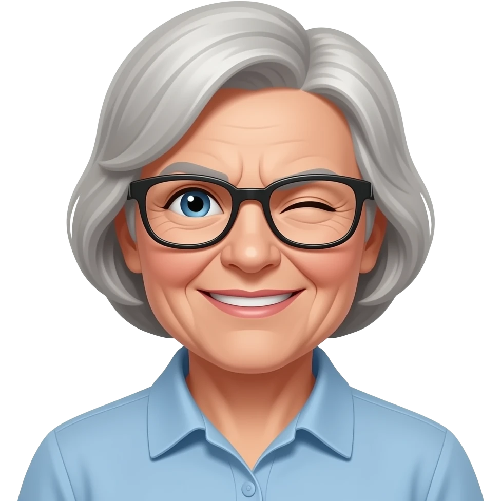 create an 72 year old dutch female patient with glasses squinted eye and smile on one side and frown on the other emoji