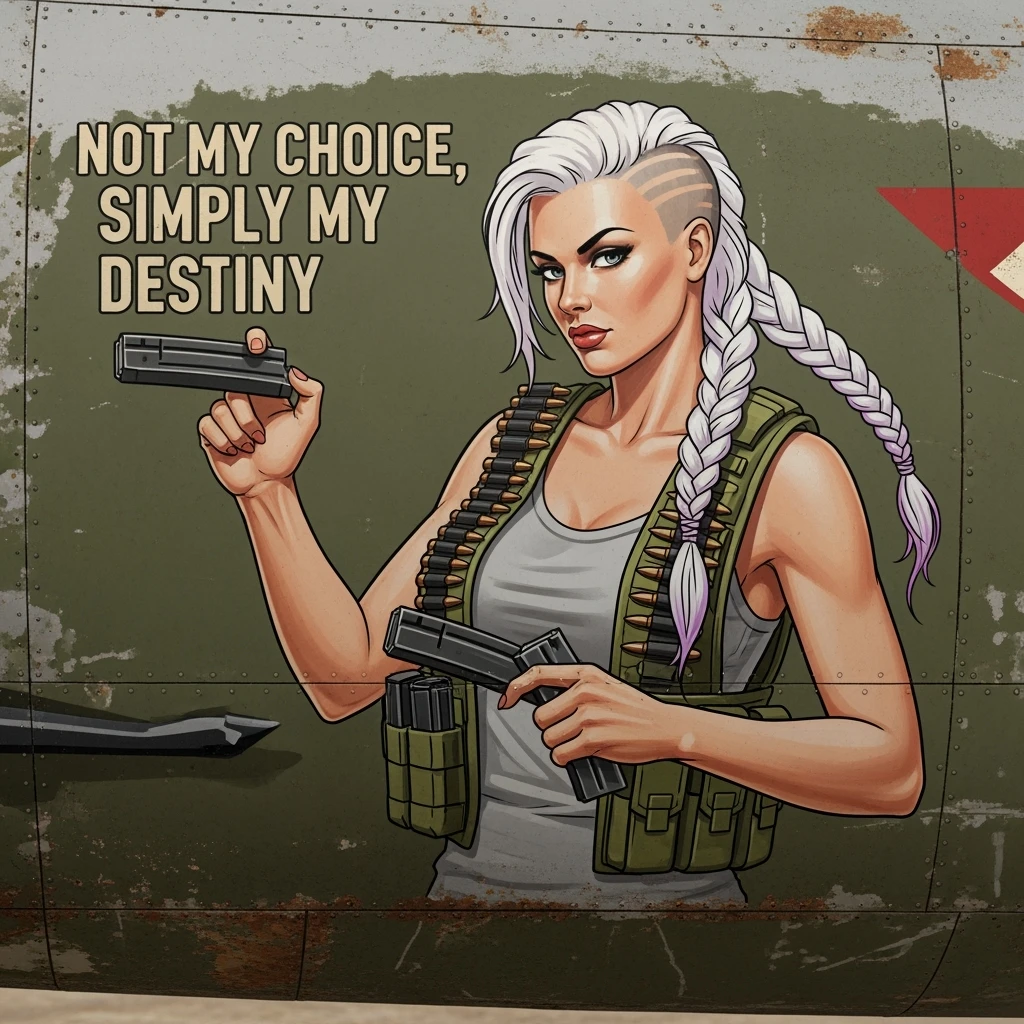 a retro military pinup fuselage decoration for the motto " not my choice, simply my destiny "
the female figure in the pinup image wears a long white braid with lavender tips, shaved sides of her head. She wears a tank-top undershirt and field web vest, executing dual mag tac reload wit one hand emoji