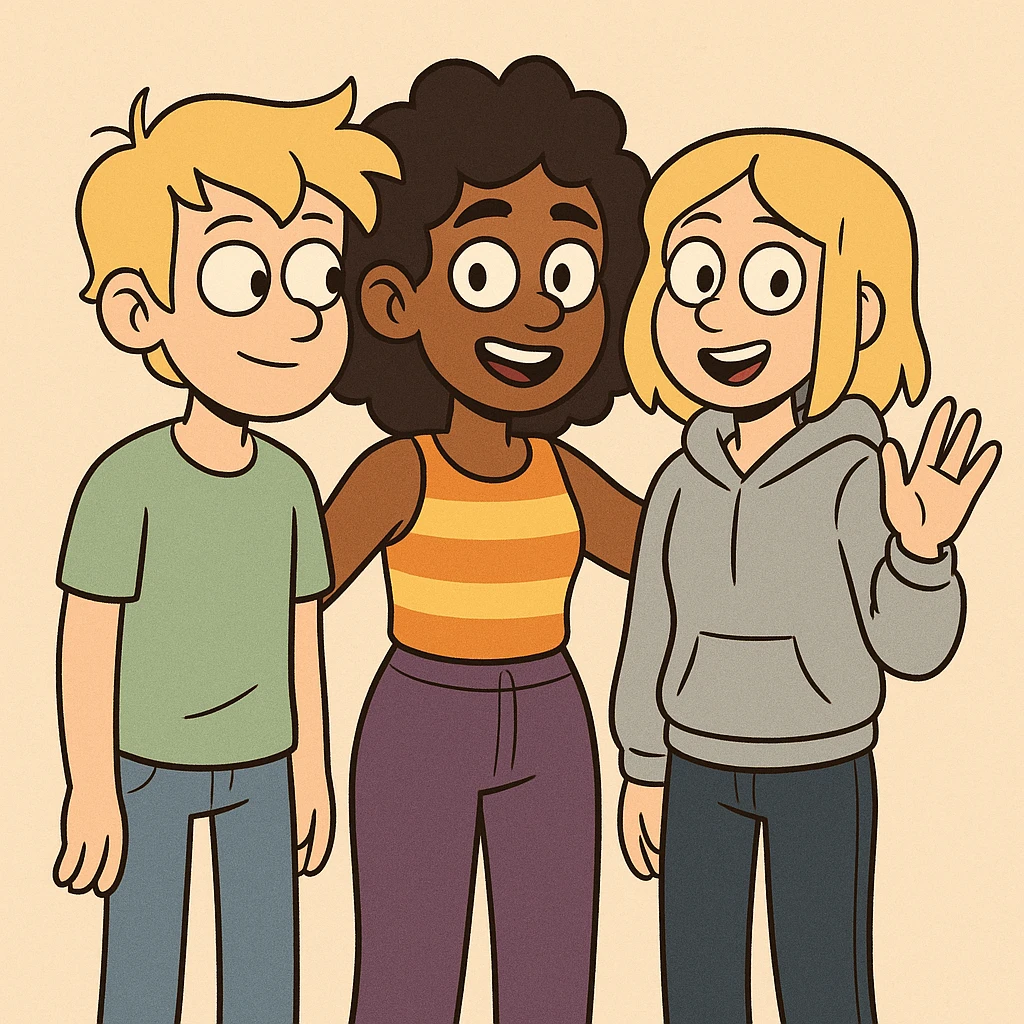 A boy dark yellow hair light green t-shirt white lightfo blue jeans girl brown skin black hair hairstyle curly hair yellow orange stripes top purple trousers girl yellow hair light grey hoodie dark blue jeans a hand hello  emoji