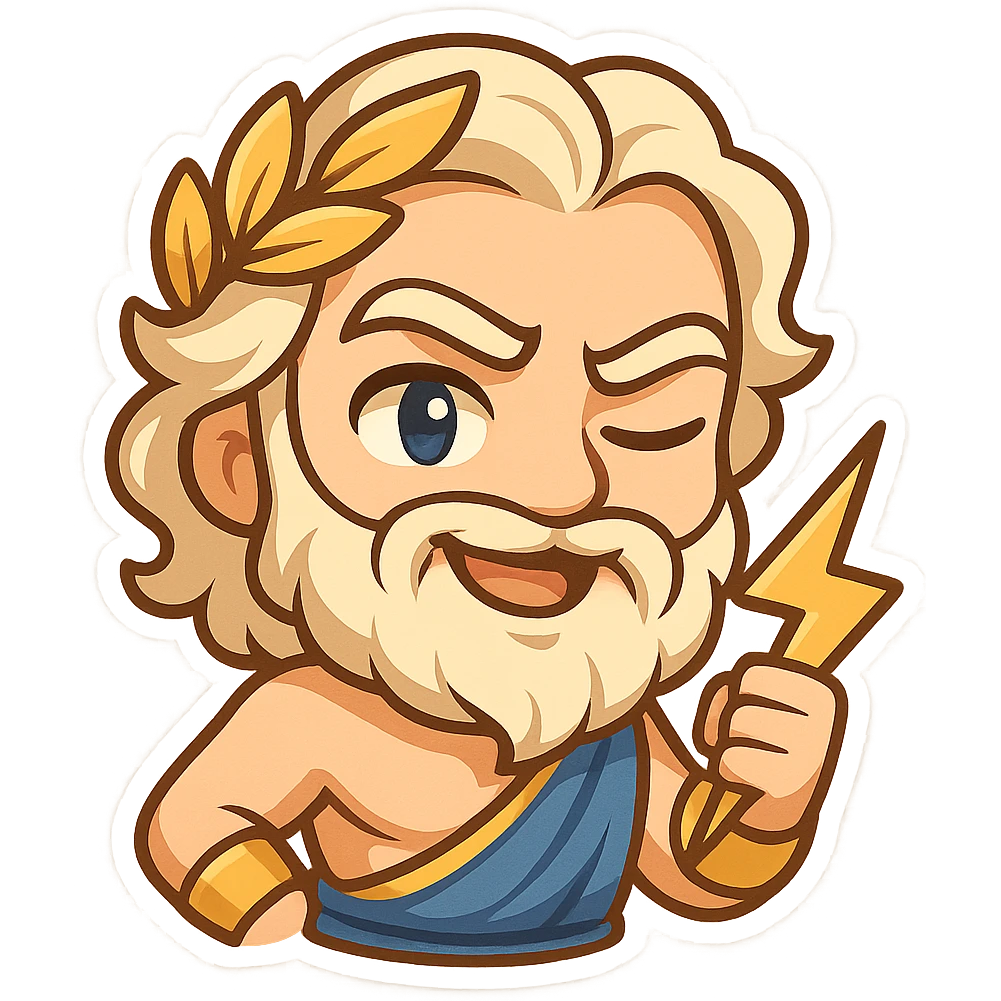 Greek god Zeus or Apollo with wink and smirk, modern and expressive, gold and blue tones, suitable for Discord emoji emoji