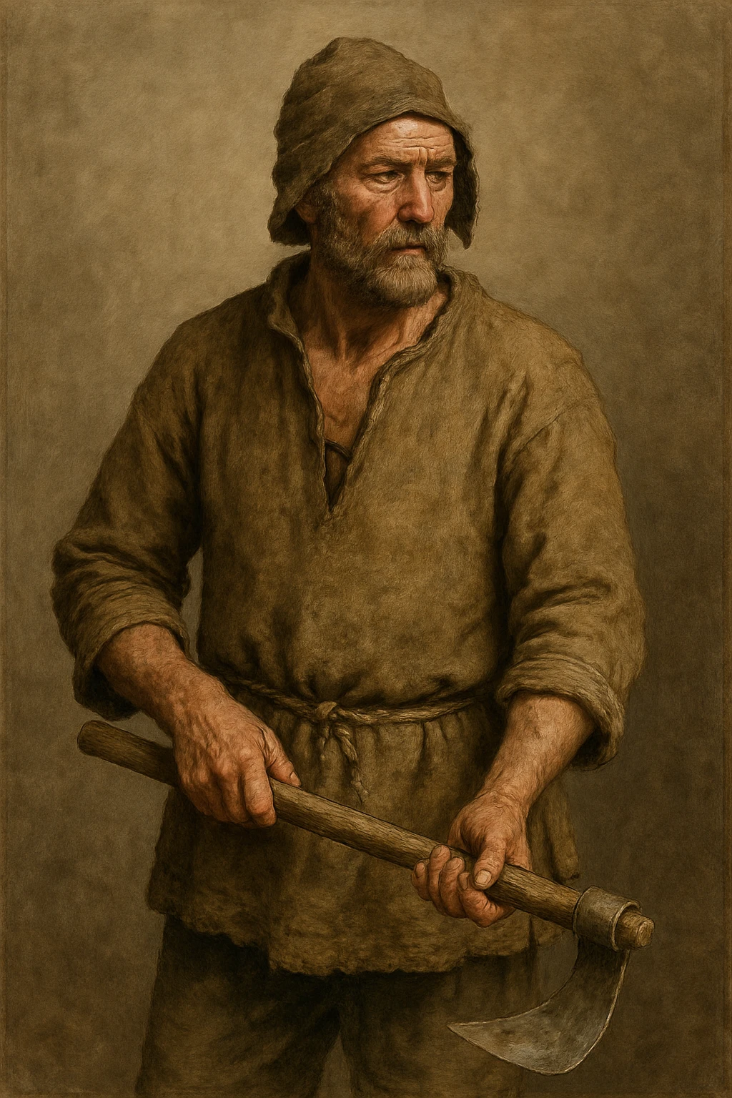 a real peasant, medieval European, worn tunic, holding a farming tool, earthy tones, realistic illustration emoji