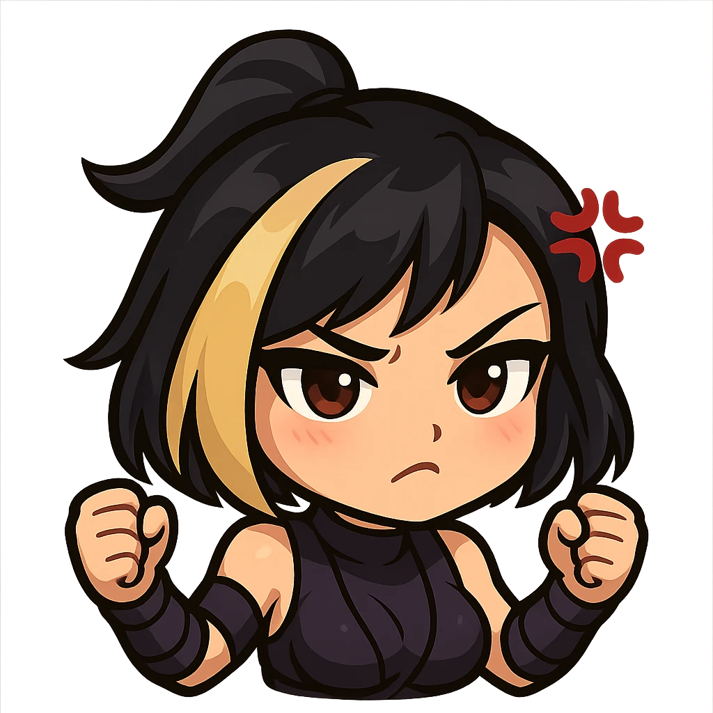 Sexy chibi ninja girl with black short hair and a blonde streak, only head and arms, colorful chibi style with bold outlines, transparent background, no mask, annoyed expression with furrowed brows and a small anger vein on forehead, sized for Twitch emoji use. emoji