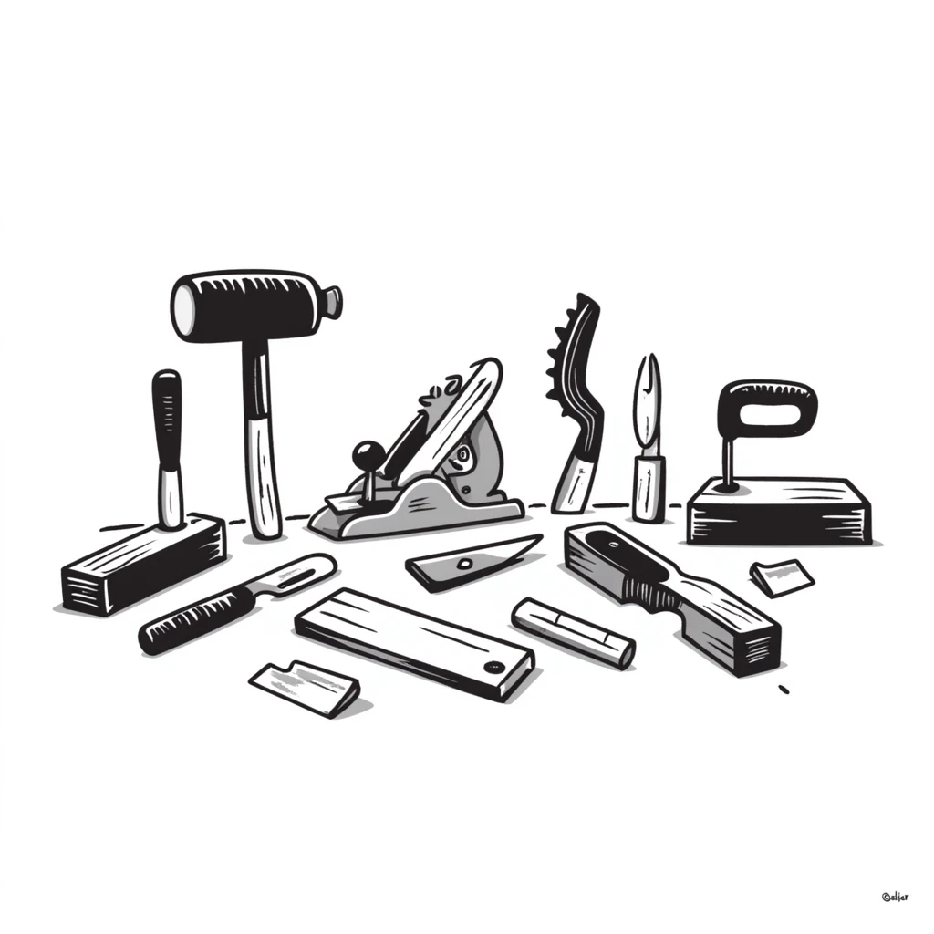 hand-drawn doodle style woodworking tools and wood emoji