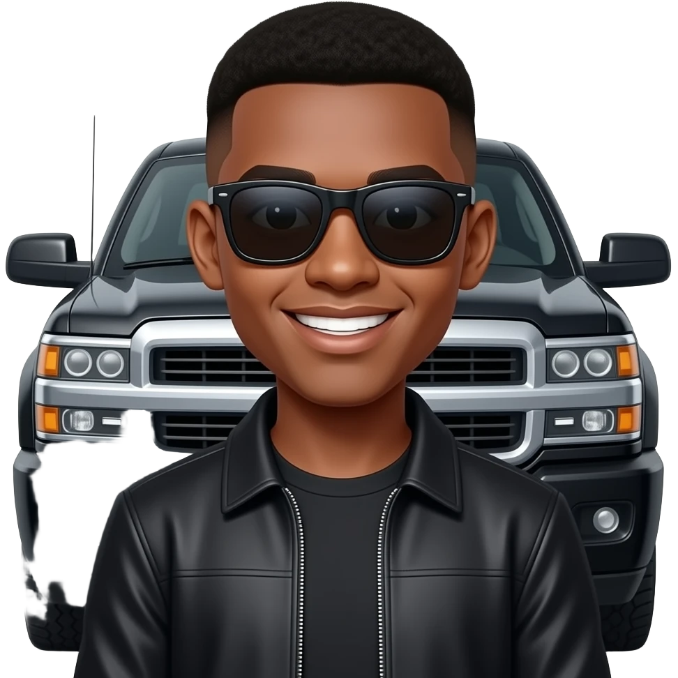make a black skinned 20 year old man with a low taper fade inside fully a black chevy truck with rich black sunglasses on smiling in a  quaterzip and the viewing is from the front of the truck emoji