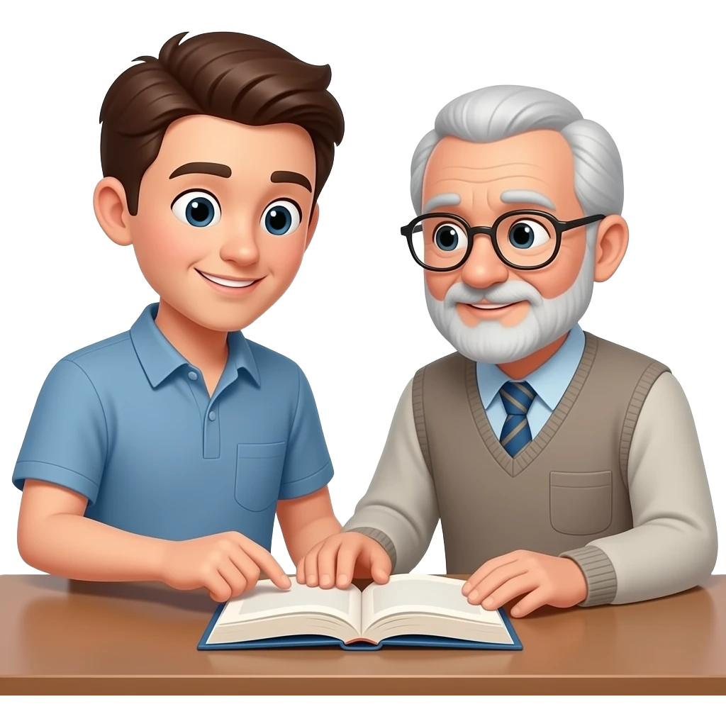 one man showing an older man how to read using one book lying flat on the table emoji