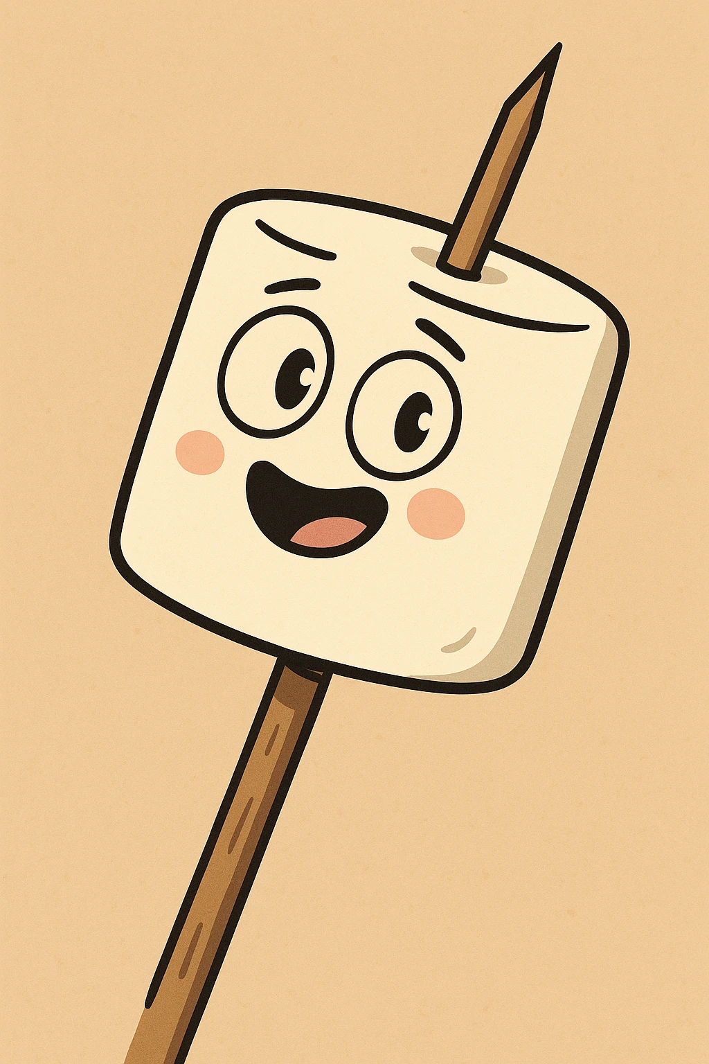 cute marshmallow skewered on a wood stick, cartoon style emoji