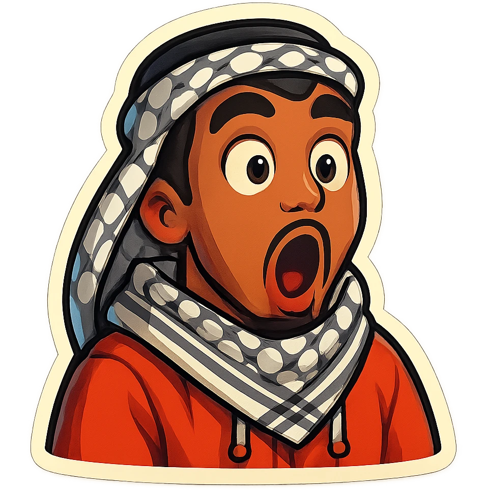 cartoonish, bold, vibrant emoji-style sticker of Ara, an Arab young man with medium brown skin, black hair, wearing casual urban Middle Eastern streetwear like a keffiyeh scarf or hoodie, making a dramatic gasp with wide eyes and open mouth emoji