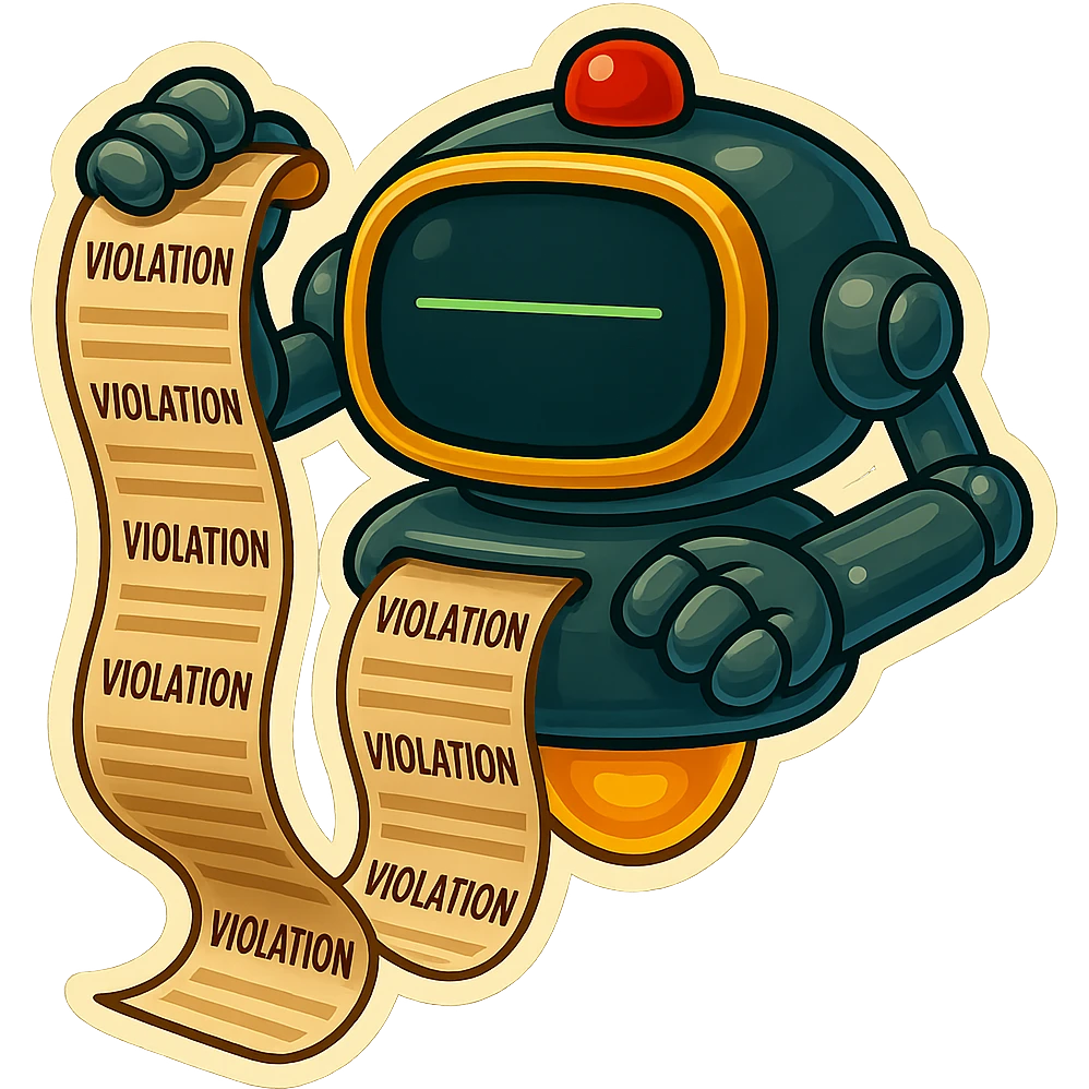 auditor robot prints out violations from benieth screen no legs. the robot hovers emoji