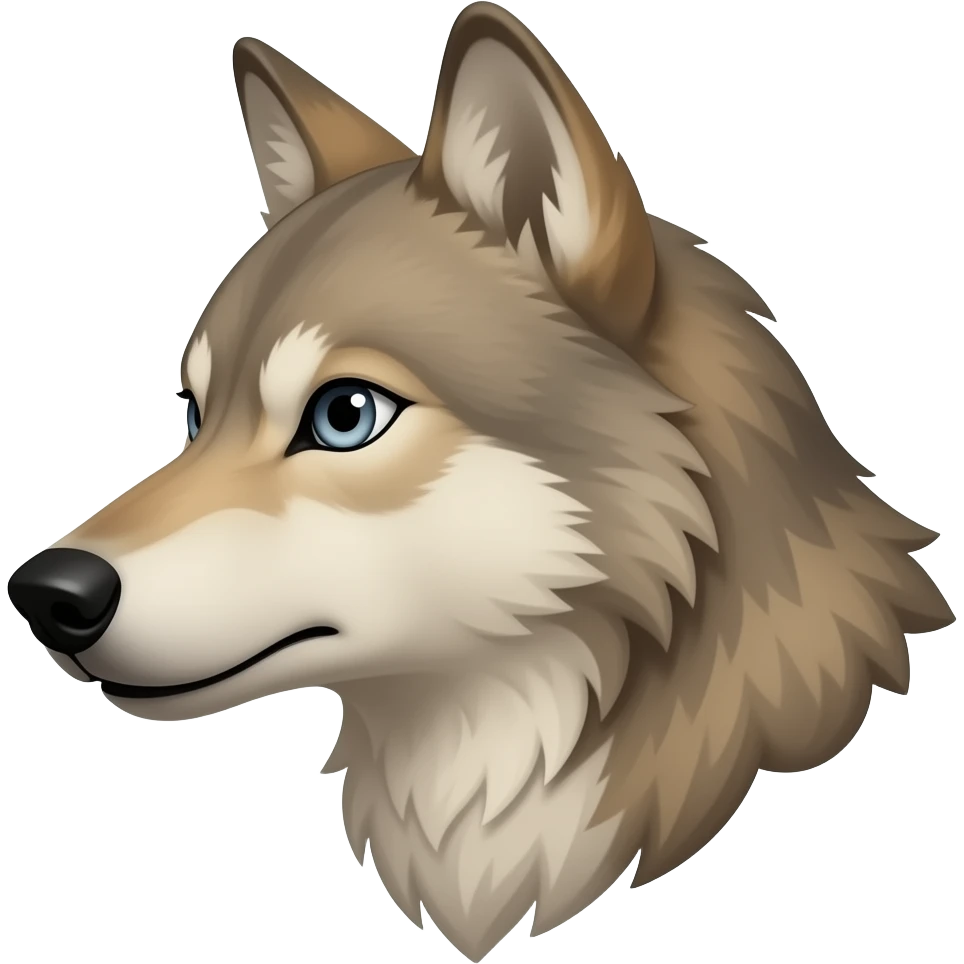 A little bit realistic aggressive face male Beige wolf head very realistic Turn sideways aggressive light blue gray eyes emoji