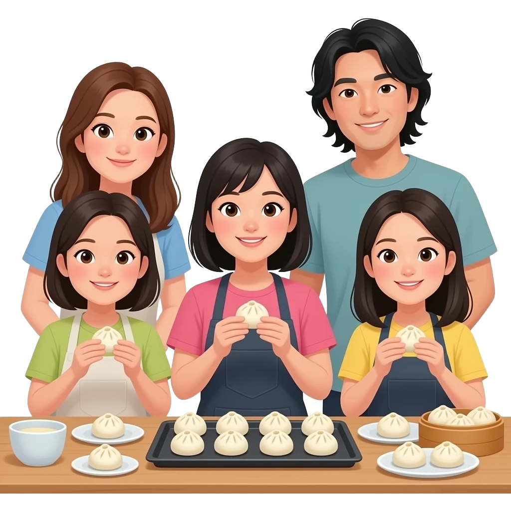 bao bun workshop at home with 5 friends: 1 westen female, 3 asian female and 1 korean male with long hair emoji