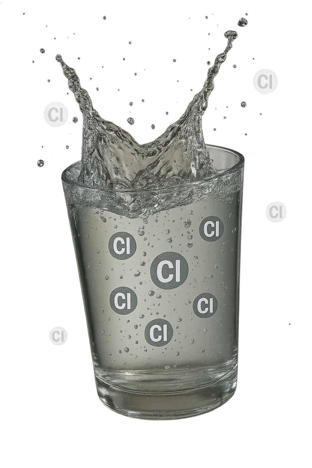 un bicchiere di acqua cade verticalmente dall'alto realistico e dettagliato, dentro l'acqua del bicchiere ci sono particelle di cloro ben visibili con la scritta "Cl" sopra, ci sono particelle anche che escono dal bicchiere e fluttuano in aria verticalmente, mentre alcune sono all'interno dell'acqua nel bicchiere, iperrealistico 4k emoji