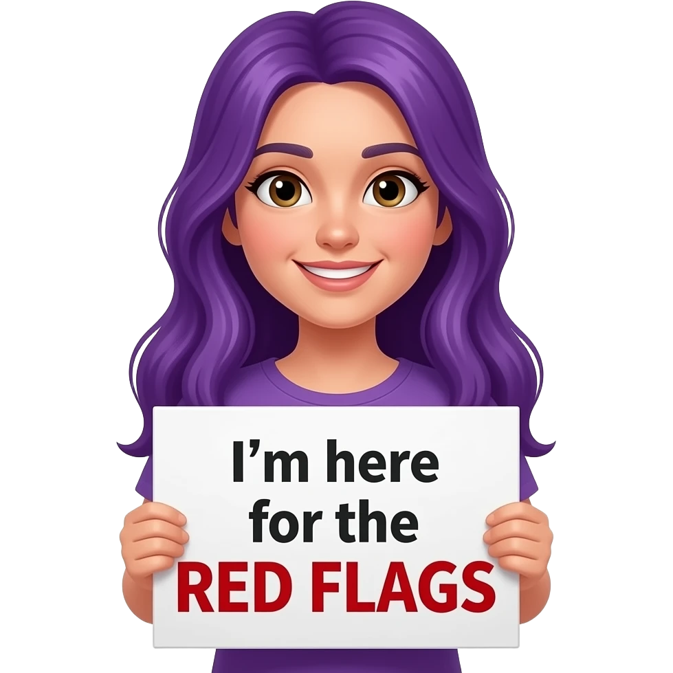 girl with long purple hair holding a I'm here for the RED FLAGS sign emoji