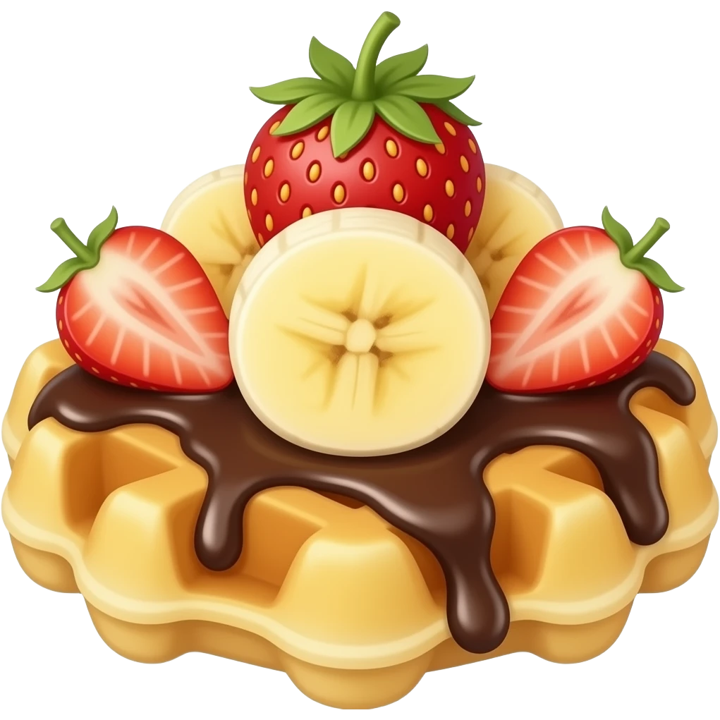 strawberry banana waffle dessert with chocolate sauce, waffle with strawberries, banana slices and chocolate syrup emoji