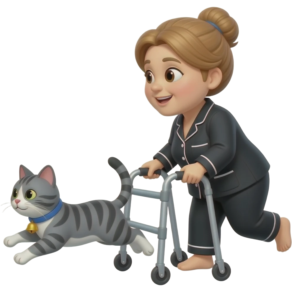 Tiny animated emoji, Middle aged, a little heavy set, d, light auburn hair in a bun, woman in  black pajamas using walker, chasing after a fast grey and white tabby cat with a blue collar with round bell emoji