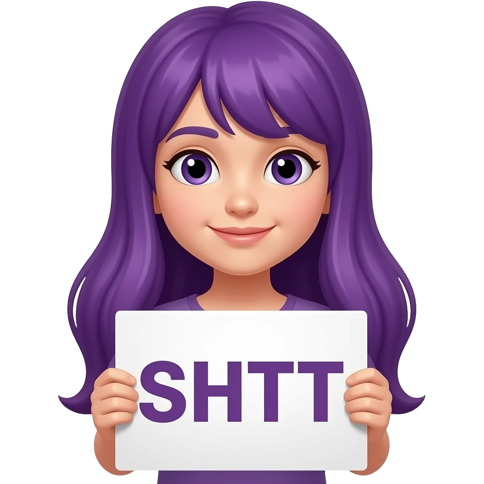 girl with long purple hair with a SHHT... sign emoji