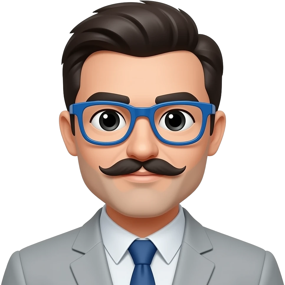 Un. Hombre. Con. Vigote.   Y. Espejuelos. Azules.   Ojos. Negros. emoji
