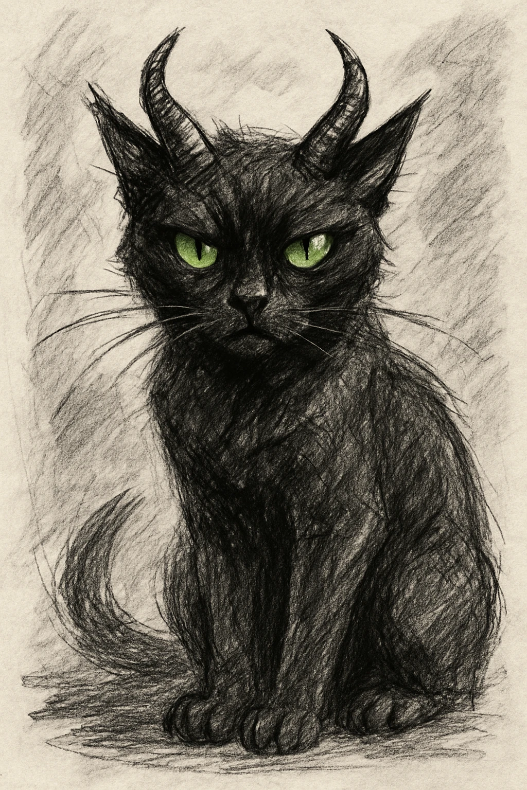black cat with green eyes and demon horns, hand-drawn sketch style emoji