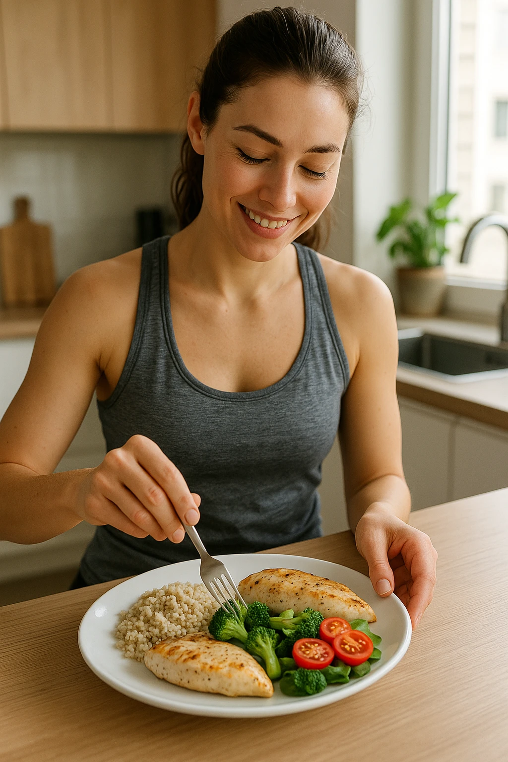 Donna che prepara un pasto equilibrato fit, con carboidrati, proteine e grassi dentro il piatto. Perfettamente equilibrato. Molto realistica emoji