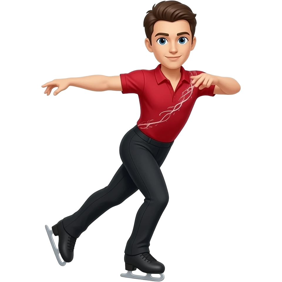male olympic figure skater wearing red shirt twirling emoji