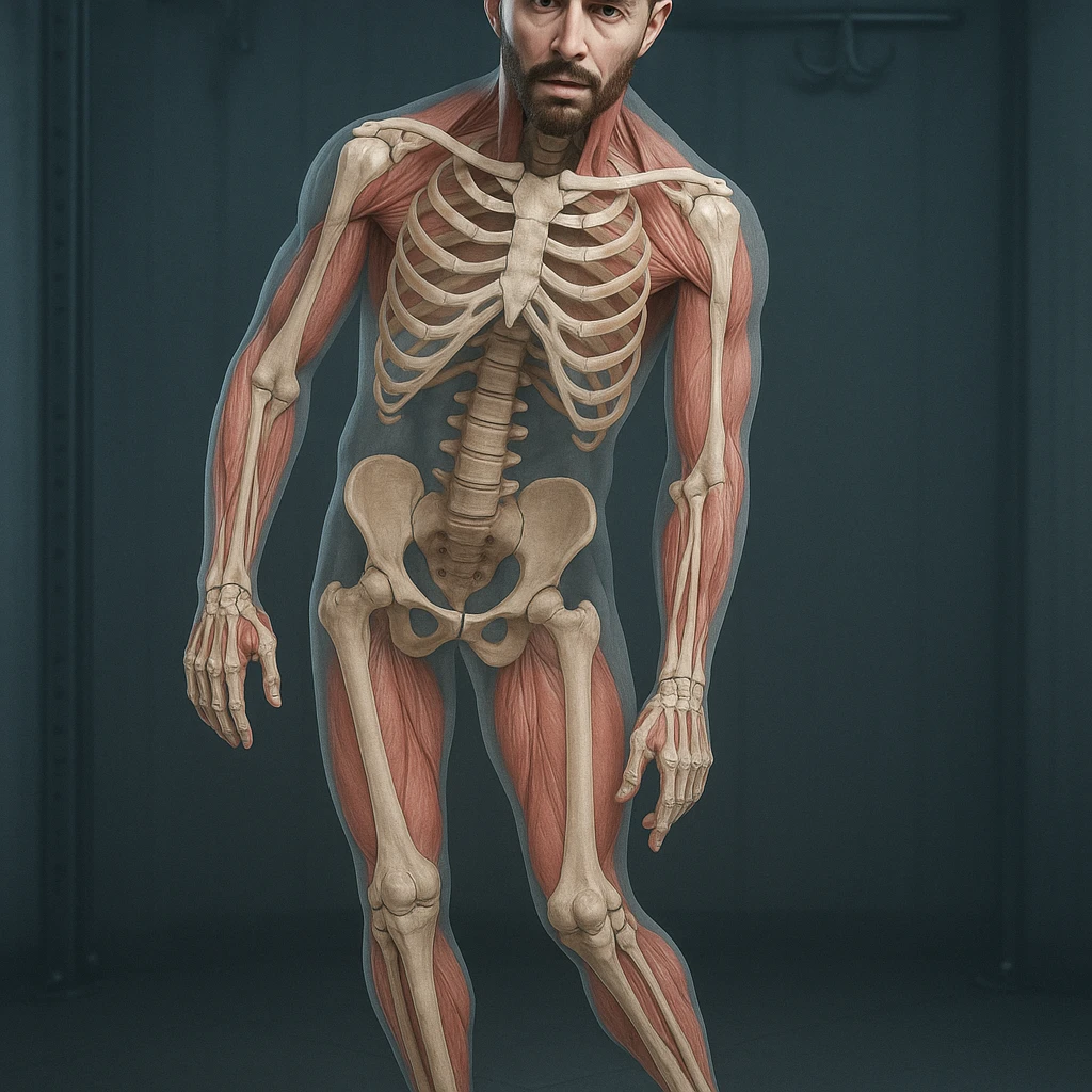 Hyperrealistic 4K anatomical view of a man in a similar position to the reference image. Knee valgus, tilted pelvis, pronated foot, bones and muscles in transparency, medical atmosphere. Variant 6 with slightly changed hand position. emoji