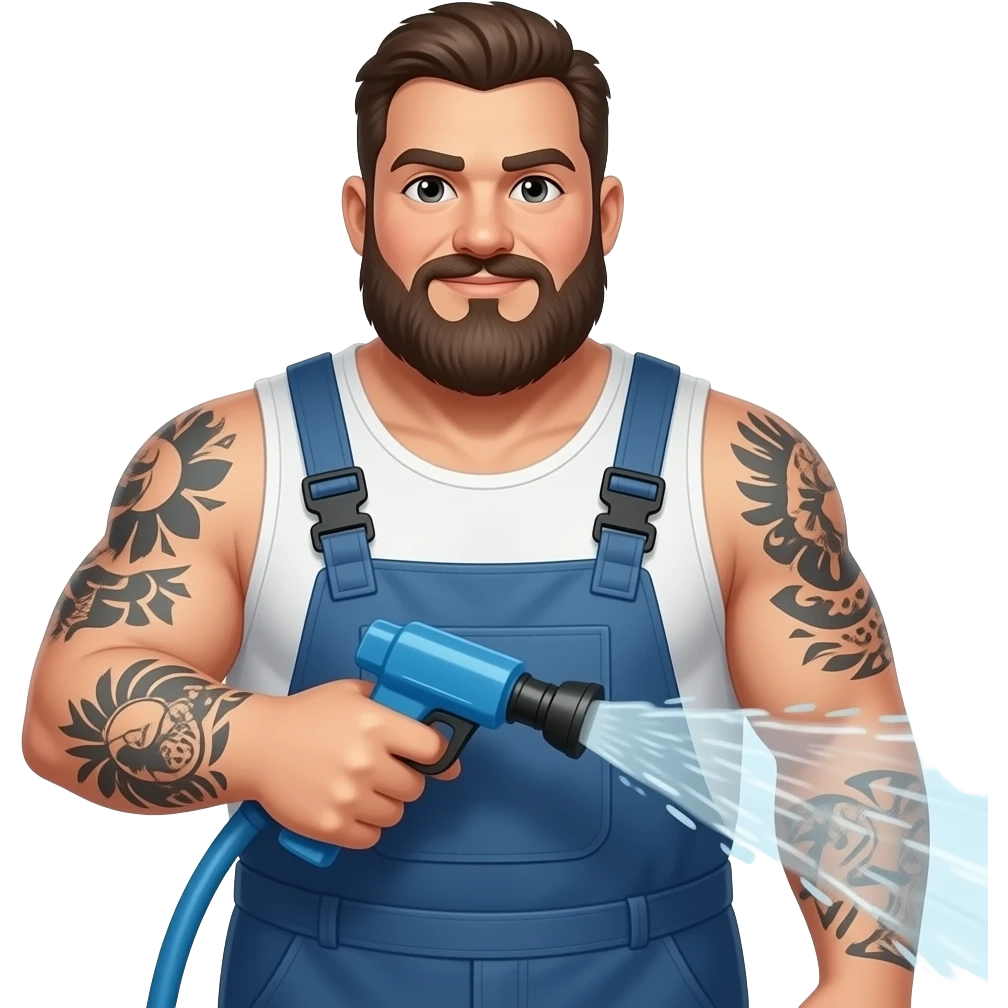 Fat guy power washing with a lot of tattoos emoji