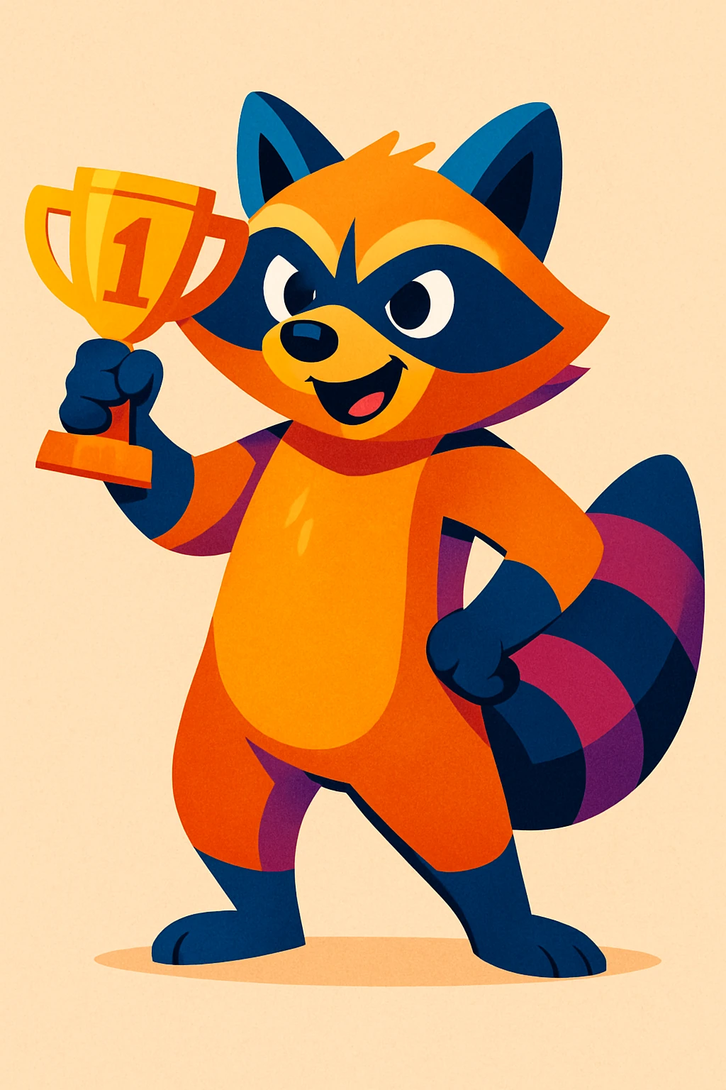 stylized raccoon holding a trophy, vibrant colors, confident stance, streamer mascot look emoji