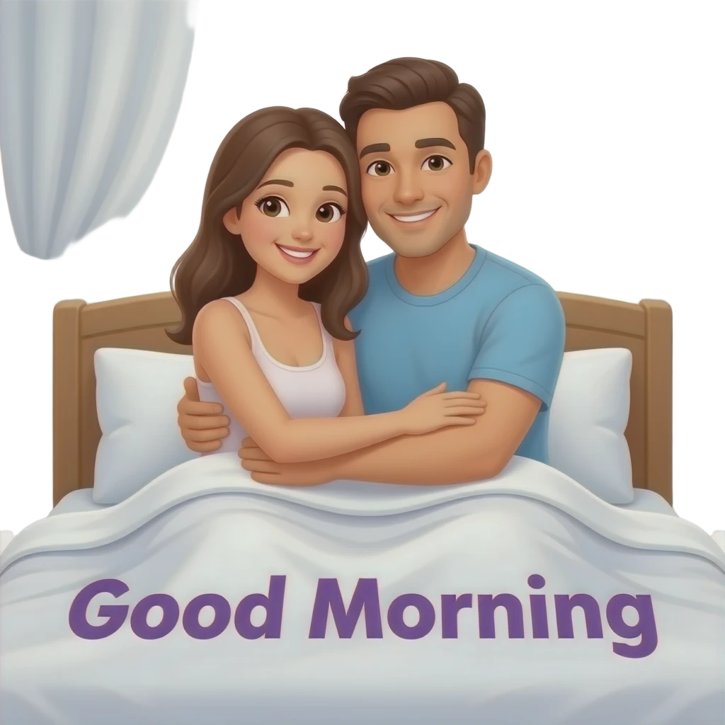 a naked woman and a man sitting up in bed hugging tightly and smiling waking up in bed with the words "Good Morning" in purple printed across emoji