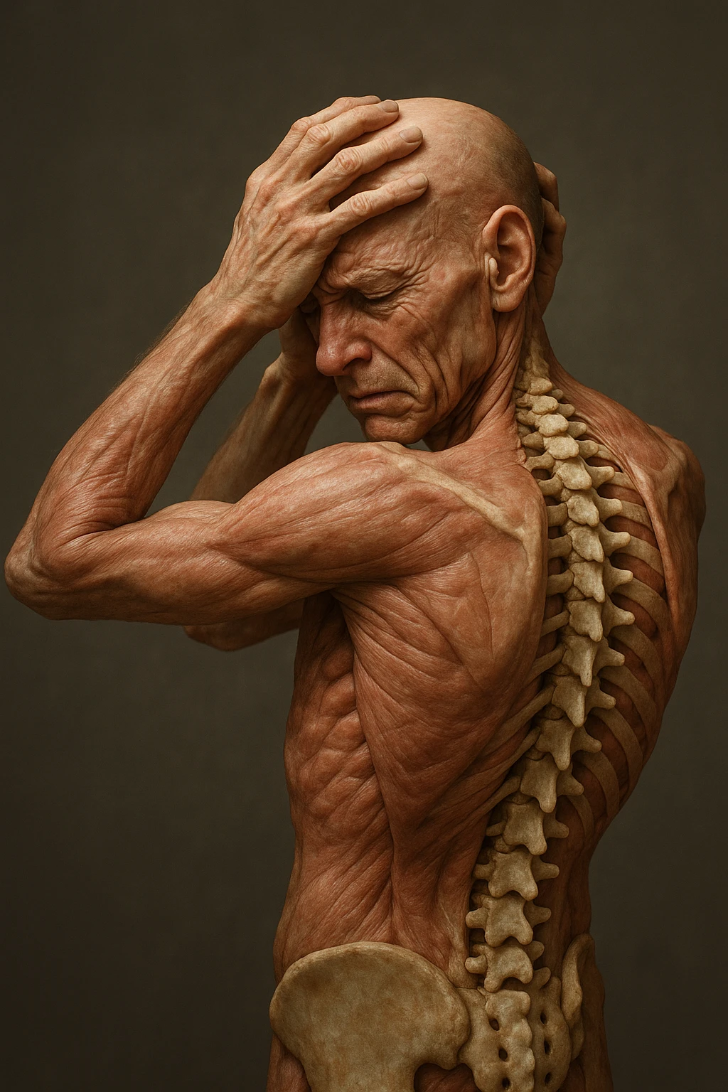CORPO UMANO ANATOMICO con spina dorsale in evidenza, molto stanca e stressata mentre si tiene le mani sulla testa, IPERREALISTICO 4K emoji