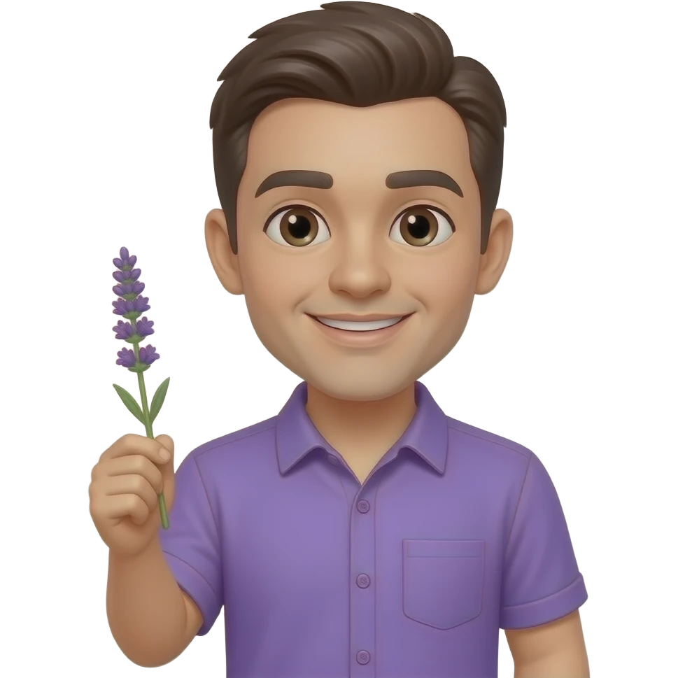 guy with purple shirt , with lavender flower in hand emoji