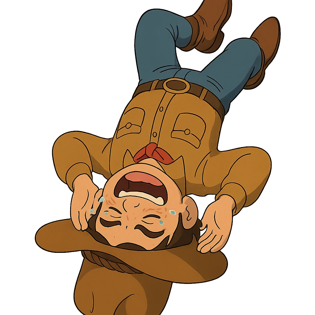 ghibli style crying laughing upside down cowboy emoji