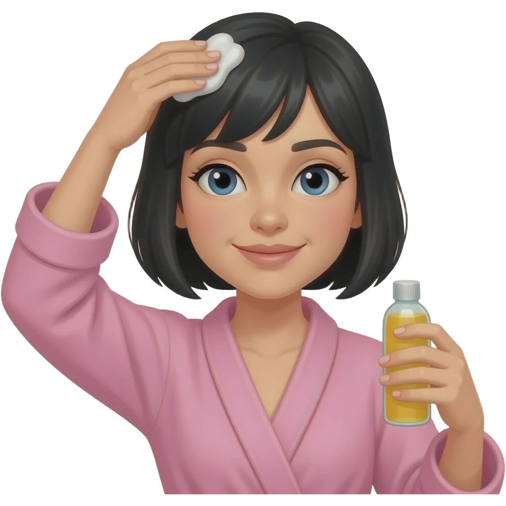 White girl taking care of her black short hair by giving herself a hair tonic massage, wearing a pink robe, iPhone emoji style emoji
