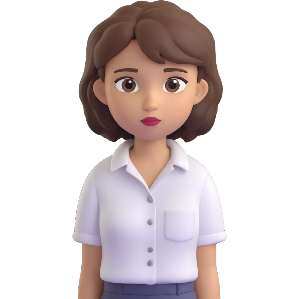 3D emoji style character with short tousled brown hair, neutral expression, light skin, white shirt emoji