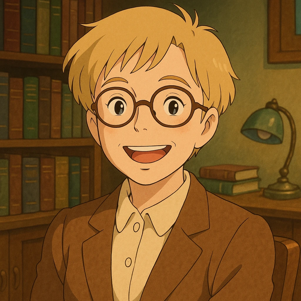 Profesora rubia de pelo corto con gafas redondas, muy sonriente, estilo ghibli emoji