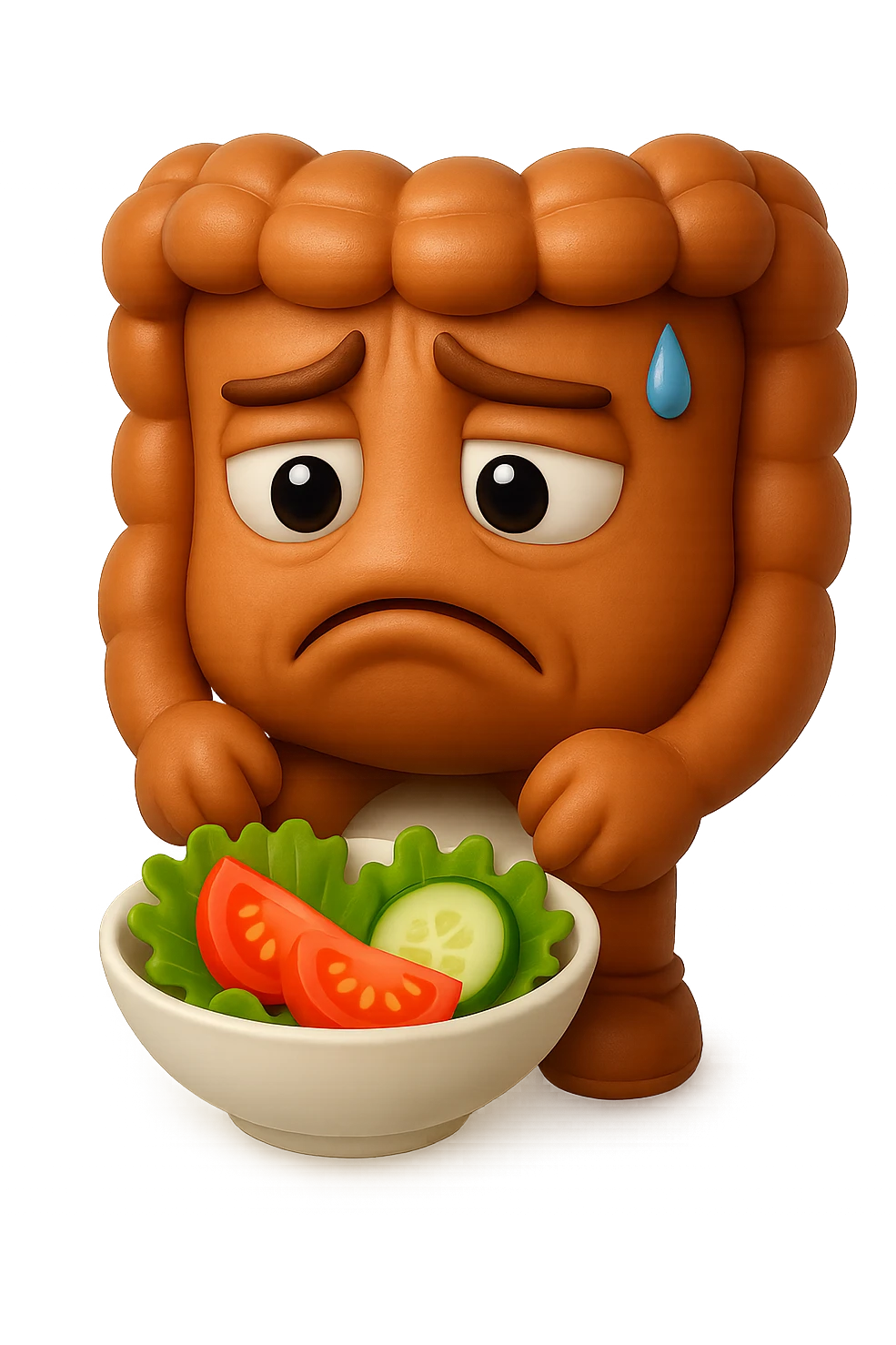 EMOJI STILE IPHONE DI UN INTESTINO UMANO ANATOMICO CHE GUARDA UN INSALATA CON ESPRESSIONE TRISTE E RASSEGNATA IN VOLTO: SOFFRE LA FAME PERCHé è A DIETA, FAGLI ANCHE LA PARTE BIANCA DEGLI OCCHI, NON SOLO LE PUPILLE, IPERREALISTICO 4K emoji
