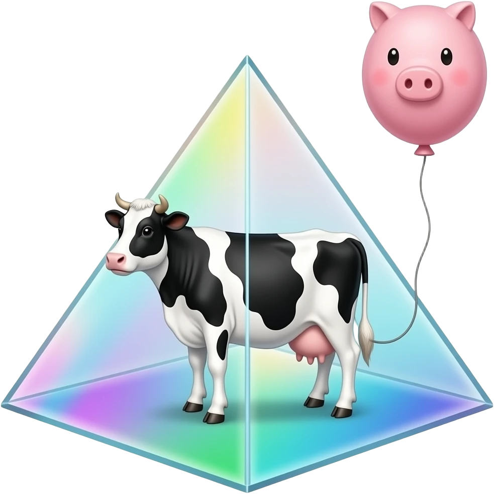 a black and white cow stands inside a glass pyramid floating in space and shining with rainbow colors, outside the pyramid floats a balloon in the shape of a pig connected to the cow emoji