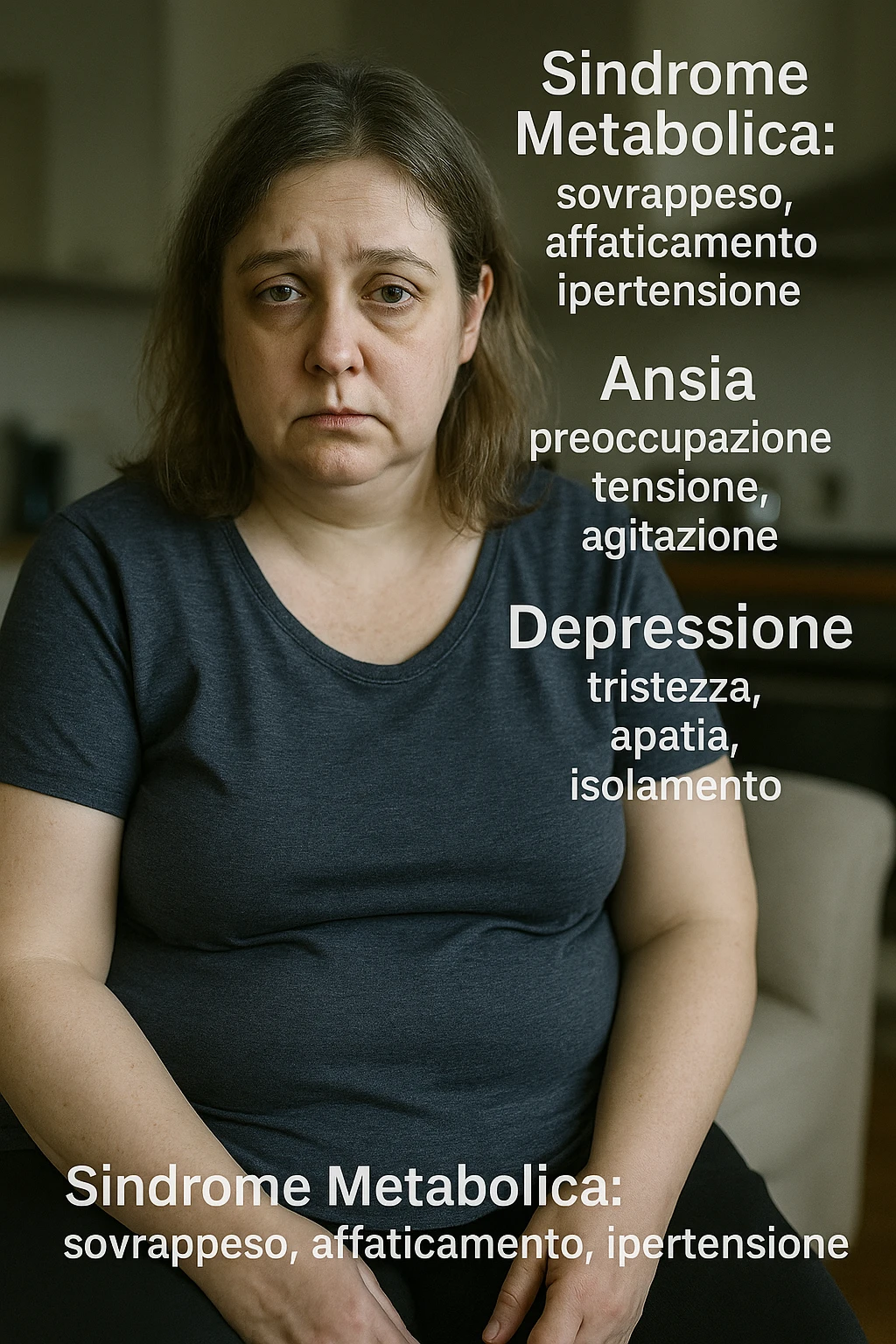Donna con sindrome metabolica, ansia e depressione, sintomi evidenti immagine realistiche in italiano emoji
