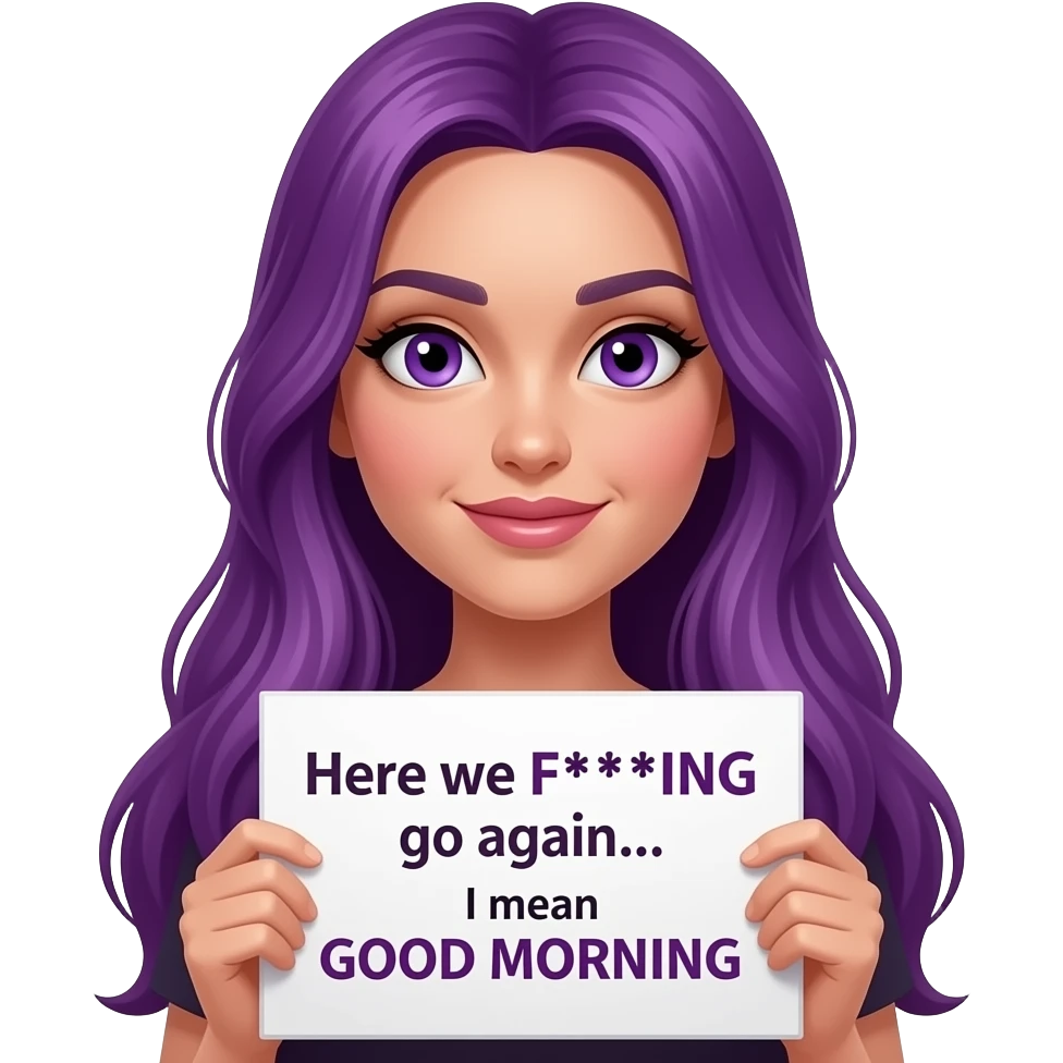 sexy girl with long purple hair and purple eyes holding a Here we F***ING go again... I mean GOOD MORNING sign emoji