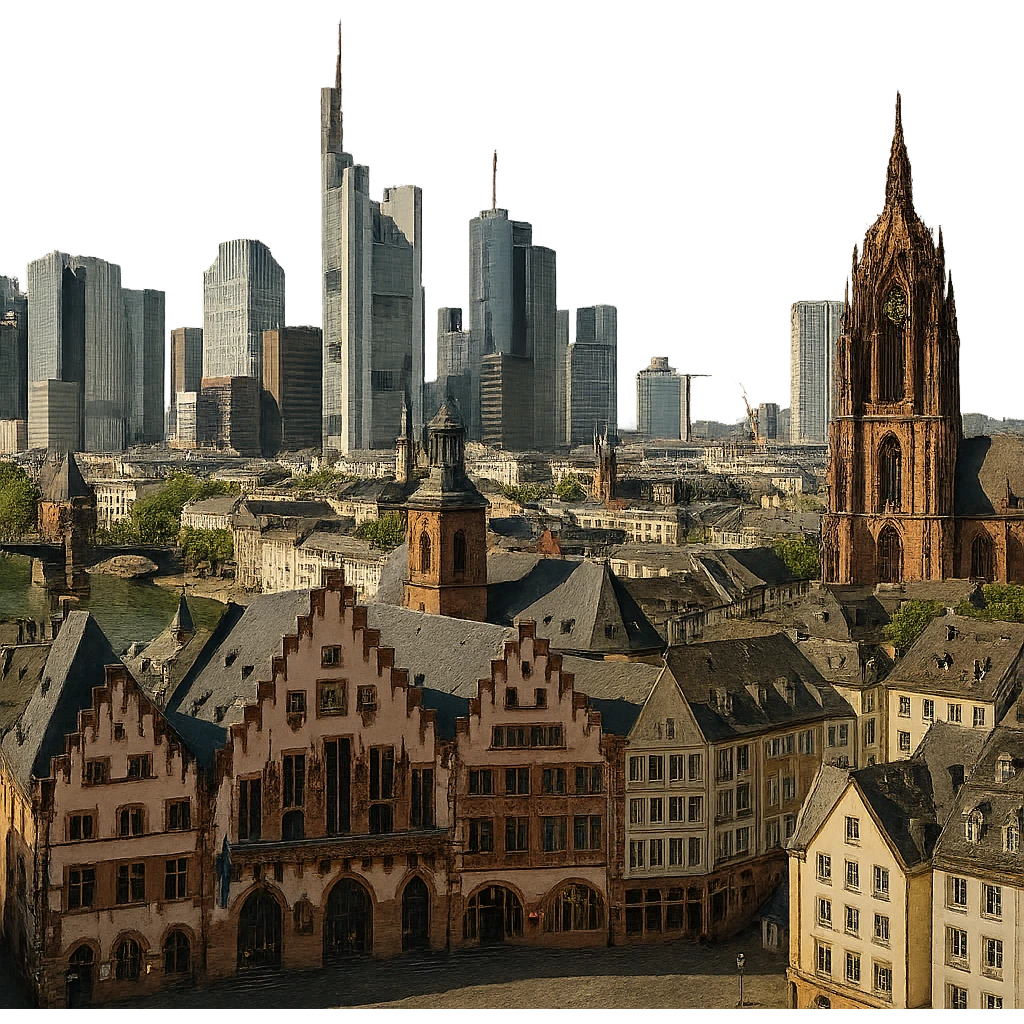 cinematic, realistic emoji of Frankfurt am Main, wide city view with iconic landmarks including Römer, Frankfurt Cathedral, Main Tower, modern skyline, lifelike detail, accurate colors, bright daytime lighting, no sky, no clouds, fully transparent background emoji