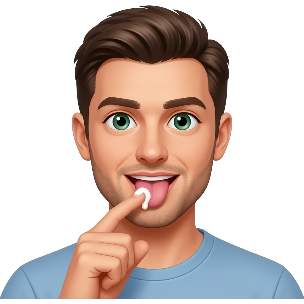 Green eyed Male licking with tongue white yogurt off fingers emoji
