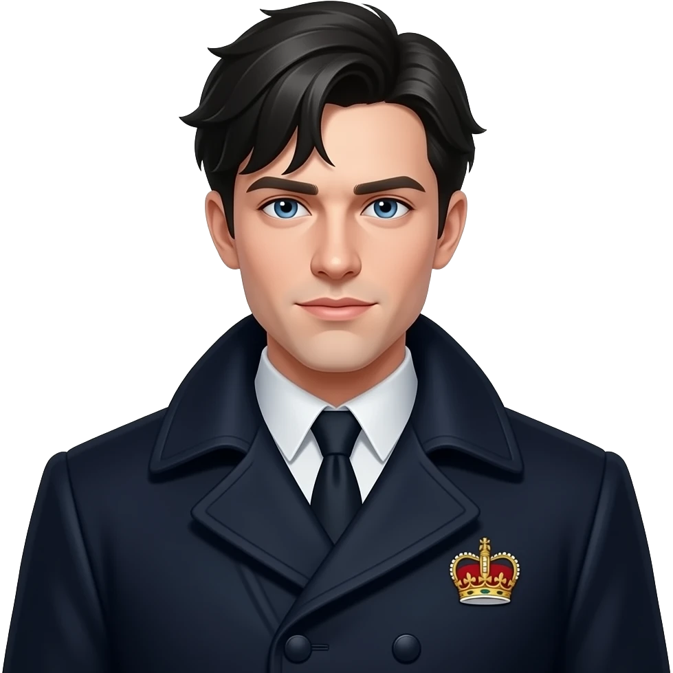 A Young Tall Mature looking Historical Duke of the North in his mid 20s, sharp facial features with very light skin, partial bangs and side slicked back jet black hair and piercing ocean blue sharp-eyes, wearing a sharp, fancy dark navy formal uniform with a wooly collared coat. emoji