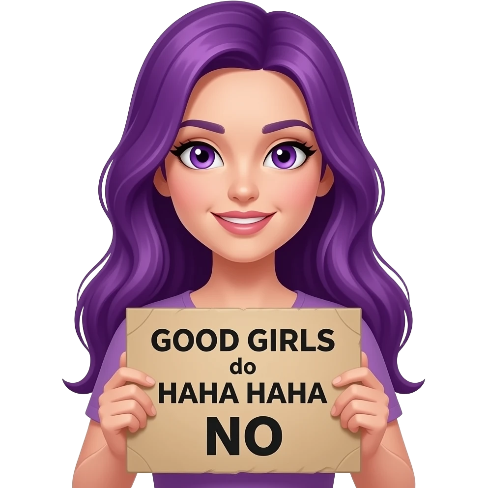 sexy girl with long purple hair and purple eyes holding a GOOD GIRLS do HAHA HAHA NO sign emoji