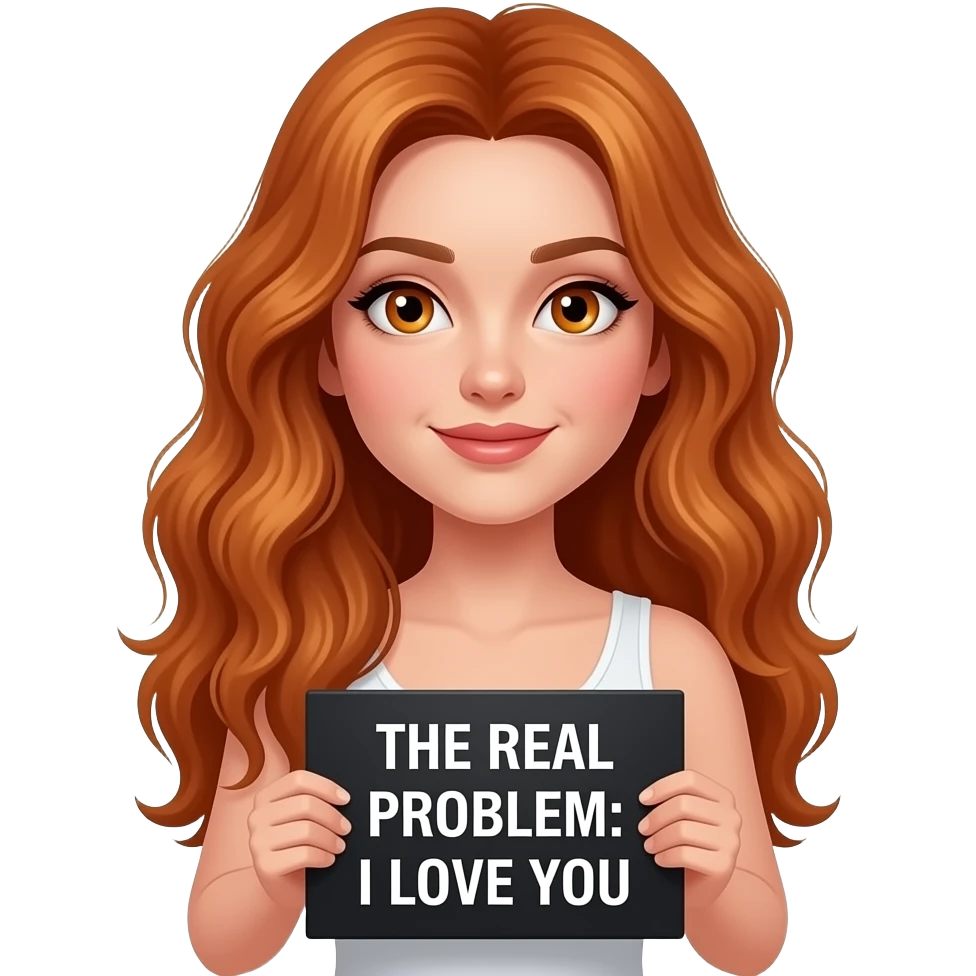 sexy girl with long wavy ginger hair and ginger eyes wearing a white tanktop and holding a black sign with THE REAL PROBLEM: I LOVE YOU written on it emoji