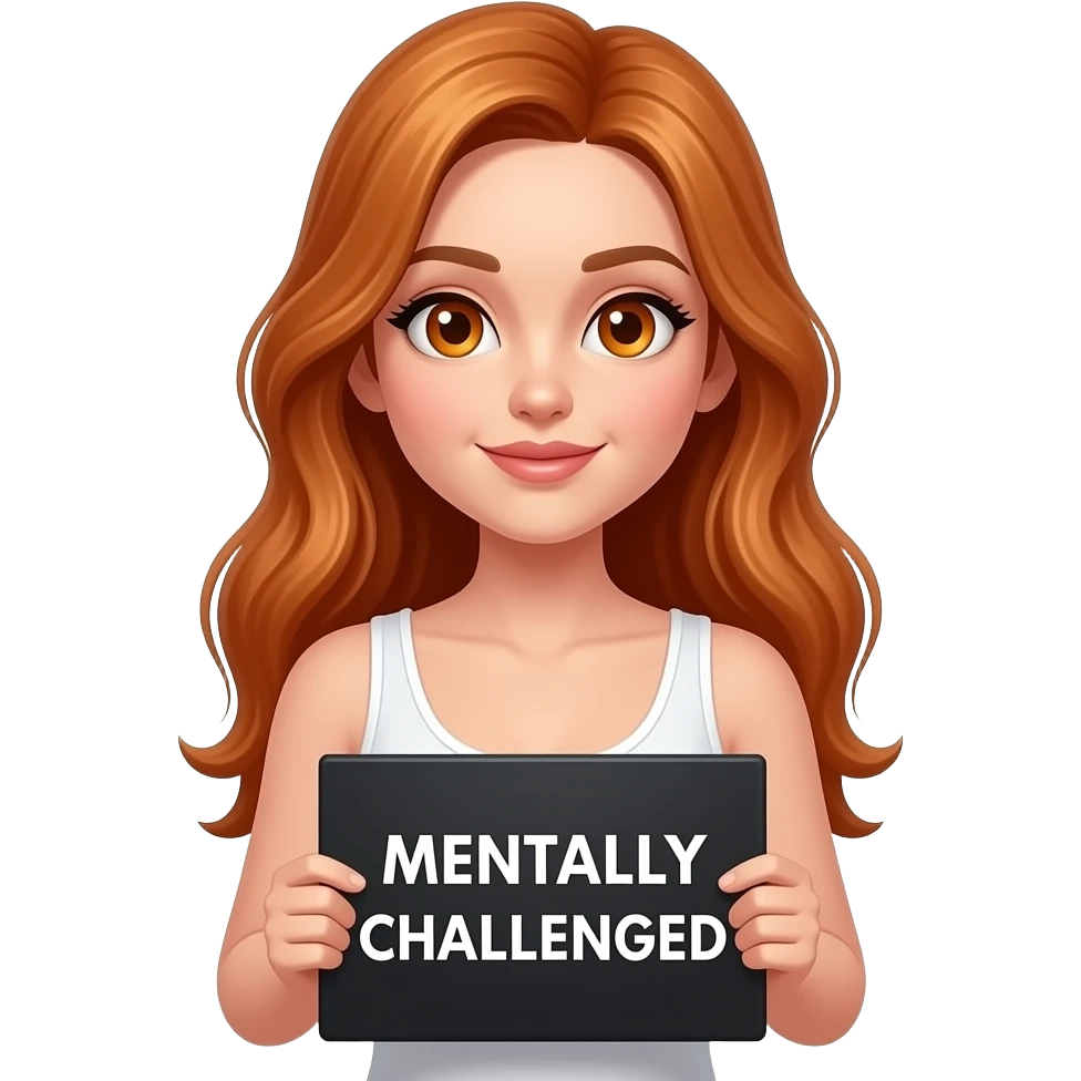 sexy girl with long ginger hair and ginger eyes wearing a white tanktop is holding a black sign with MENTALLY CHALLENGED written on it emoji