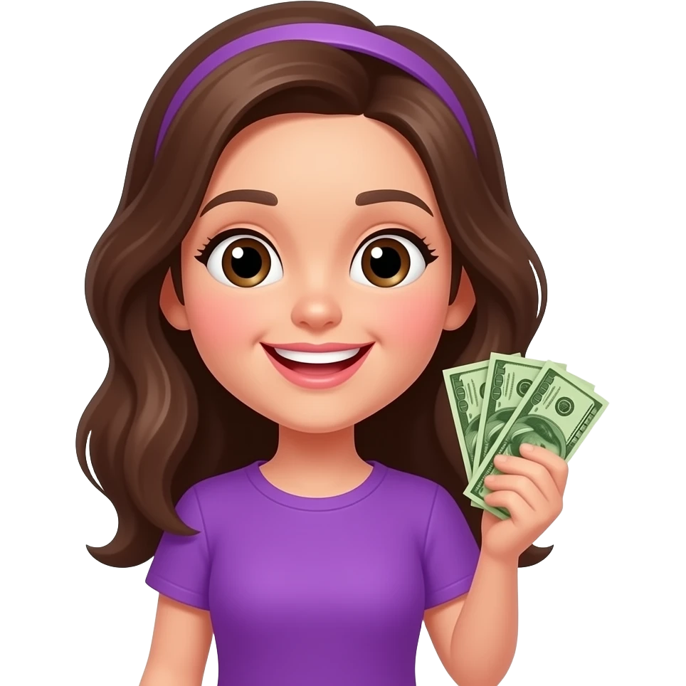 Счастливая девочка с деньгами в фиолетовой одежде emoji