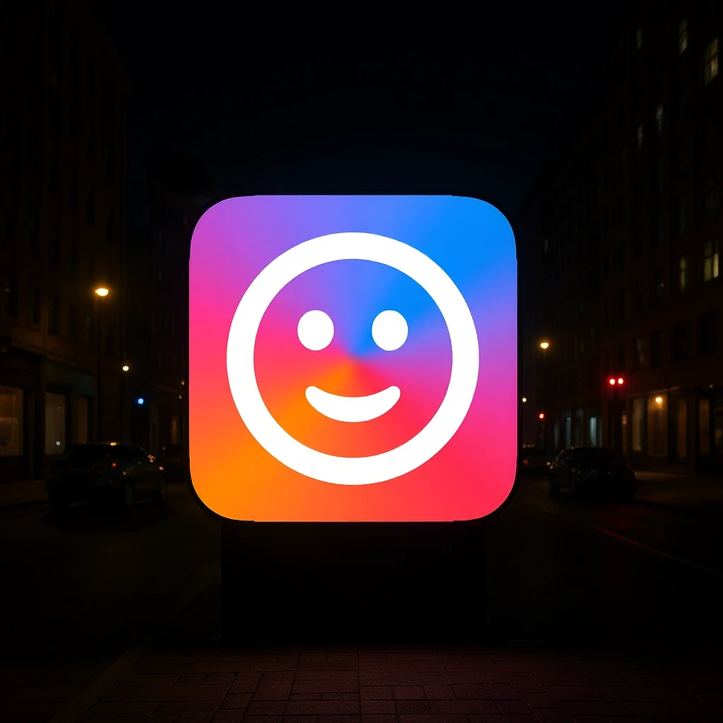 The logo rendered as a neon sign at night, glowing effect, urban environment emoji
