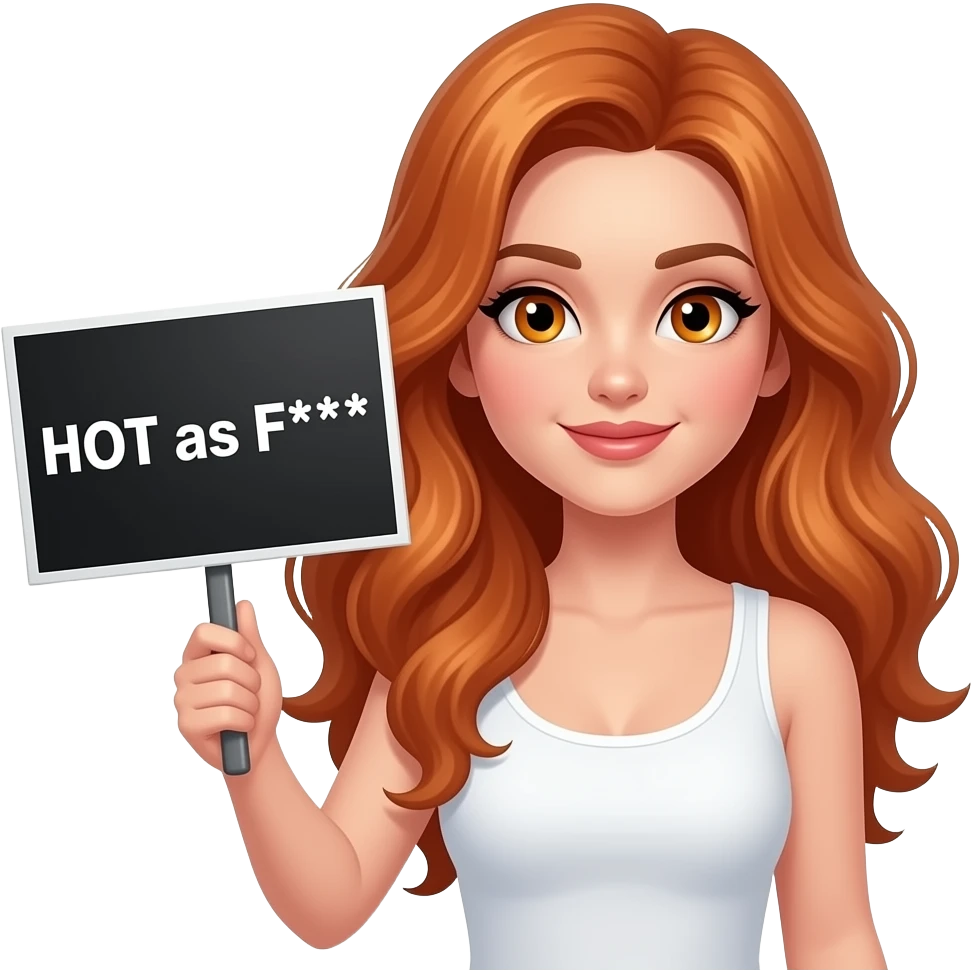 sexy girl with long wavy ginger hair and ginger eyes wearing a white tanktop is holding a black colored sign with HOT as F*** written on it emoji