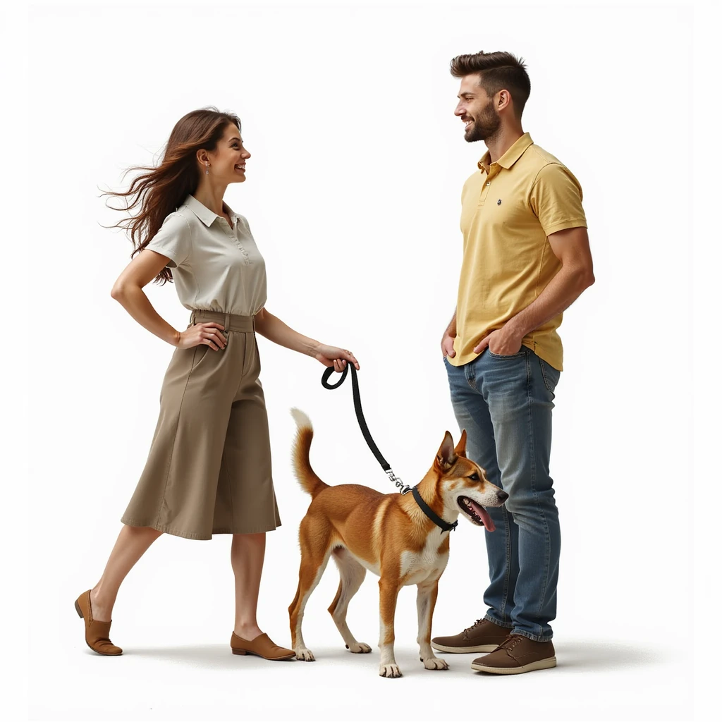 realistic illustration of a woman confidently holding a leash attached to a man, both with natural expressions, photorealistic style, no background emoji