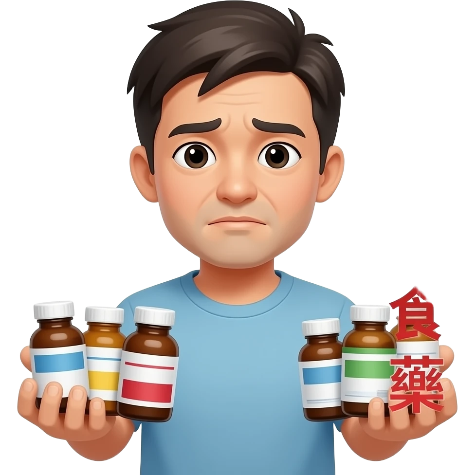A weak man holding plenty medicine say  chinese words「你有病就食藥」 emoji