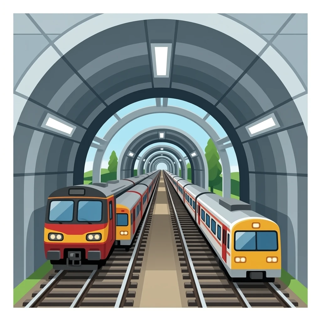 Train interior in a train tunnel with many trains emoji